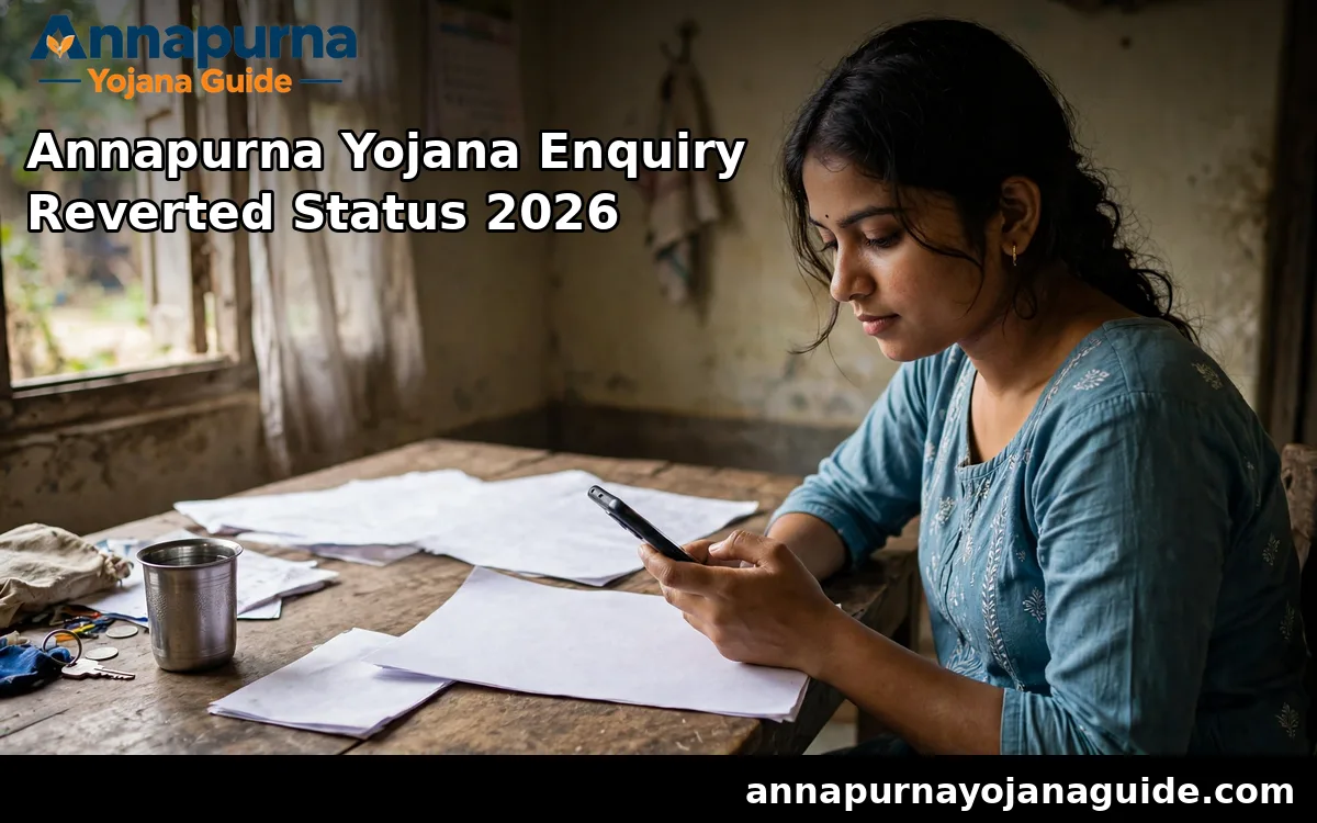 annapurna-yojana-enquiry-reverted-status-2026 - woman checking application status on mobile with documents at home